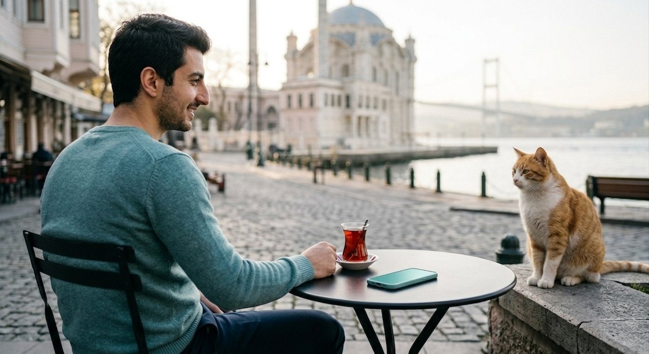 Traveler on a rooftop terrace looking over Istanbul rooftops and minarets